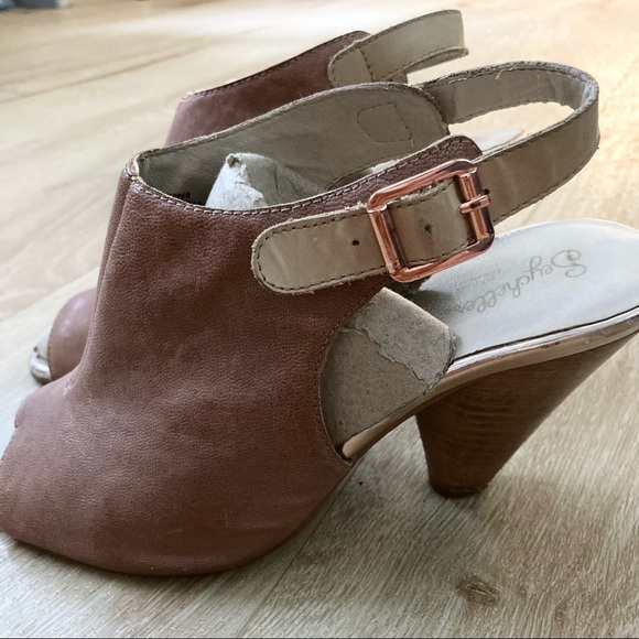 Seychelles Tan Leather Slingback Peep Toe Heels - Picture 4 of 9